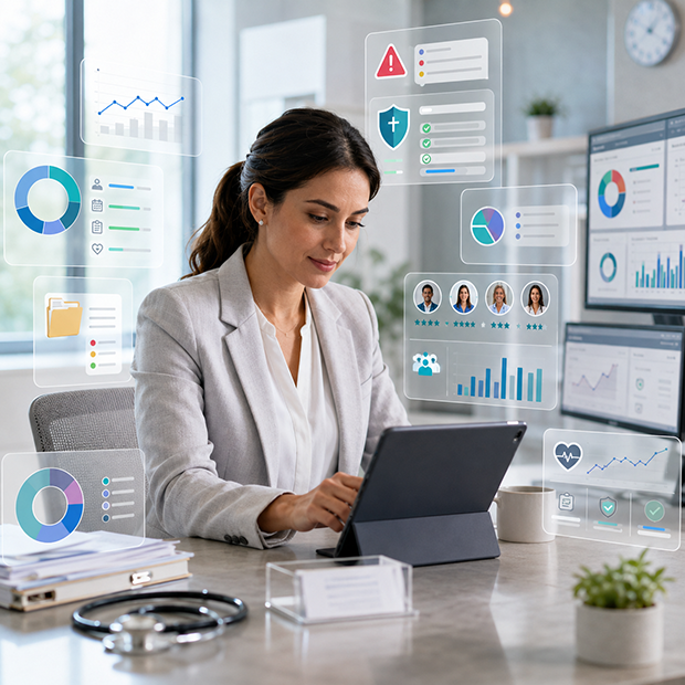 Generative AI for healthcare back-office automation with operational reporting, billing gap detection, compliance dashboards, and visit quality insights.