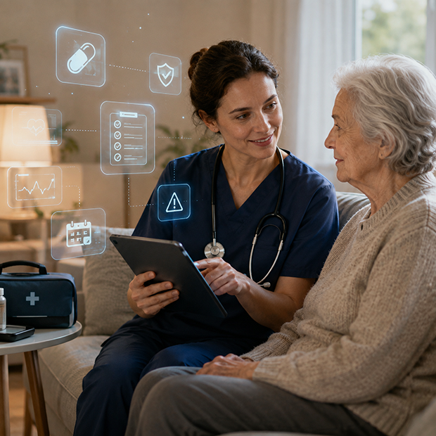 Generative AI for healthcare care delivery with real-time patient insights, AI documentation, triage support, medication reminders, and safety checks.