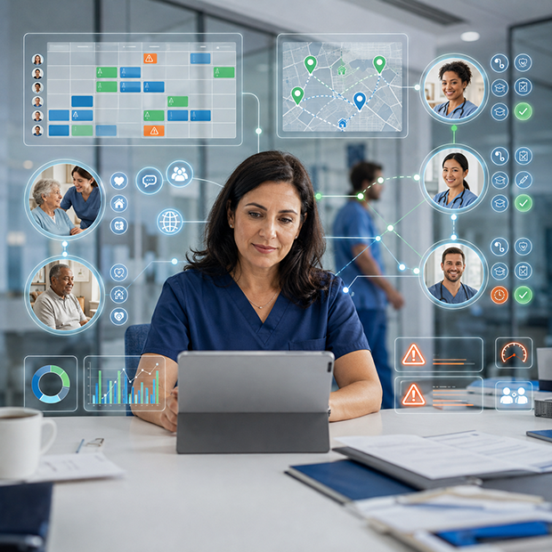 Agentic AI for healthcare scheduling and patient-caregiver matching using predictive matching, real-time optimization, and proactive staffing insights.
