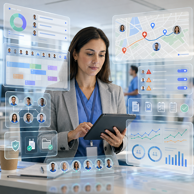 Agentic AI for healthcare workforce and operational optimization with workload balancing, staff routing, compliance checks, and performance insights.
